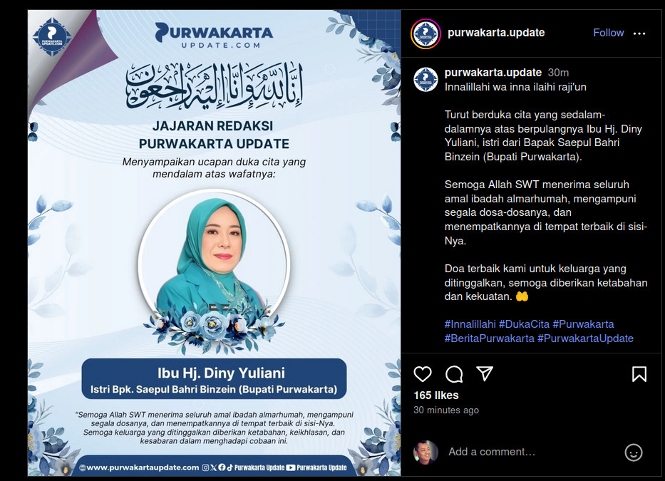 Istri Bupati Purwakarta Hj. Diny Yuliani Berpulang, Ucapan Duka Mengalir